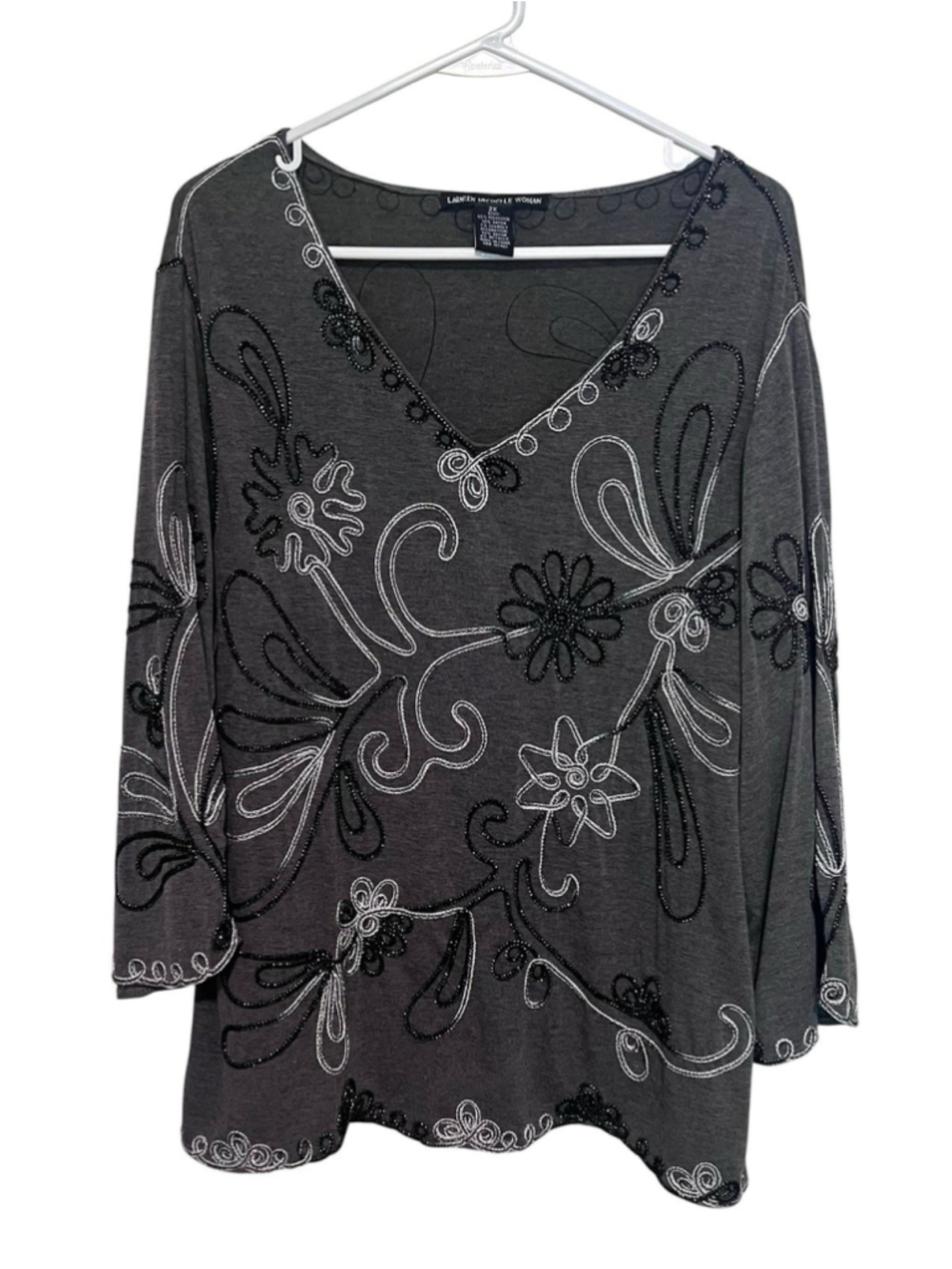 Lauren Michelle Embroidered Tunic Blouse 2X Gray Black Artsy Ribbon Decorated